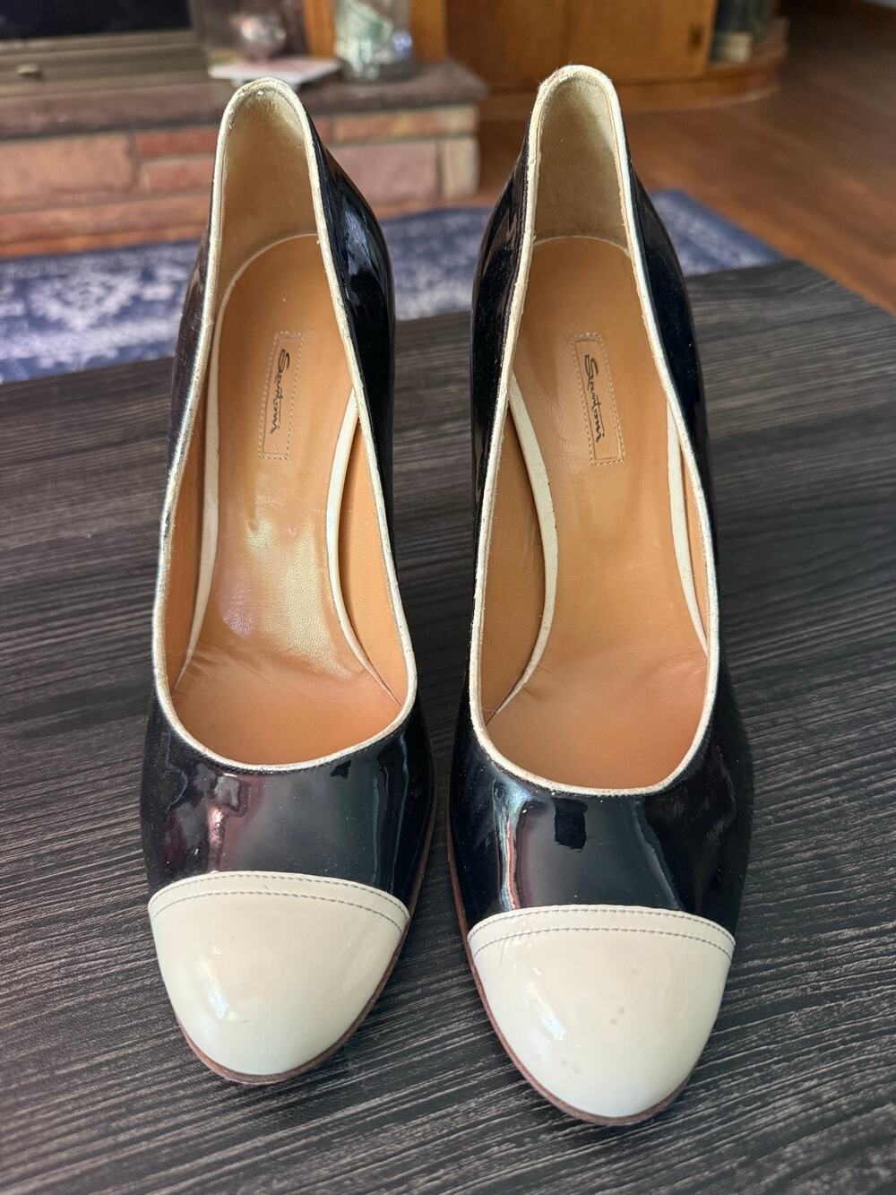 VTG Santoni Bicolor Patent Leather Cap-Toe Made in Italy Tuxedo Pumps Sz. 39.5
